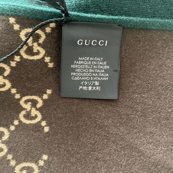 Gucci Monogram Logo Wool & Silk Blend Scarf Green & Brown - Picture 7 of 9